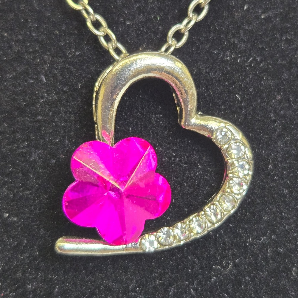 Pink Flower Silver Tone Heart Pendant Necklace, Rhinestones, 16" Chain‎